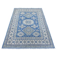 5'x6'8" Blue Vintage Look Kazak with Geometric Medallion Hand Knotted Wool Rug