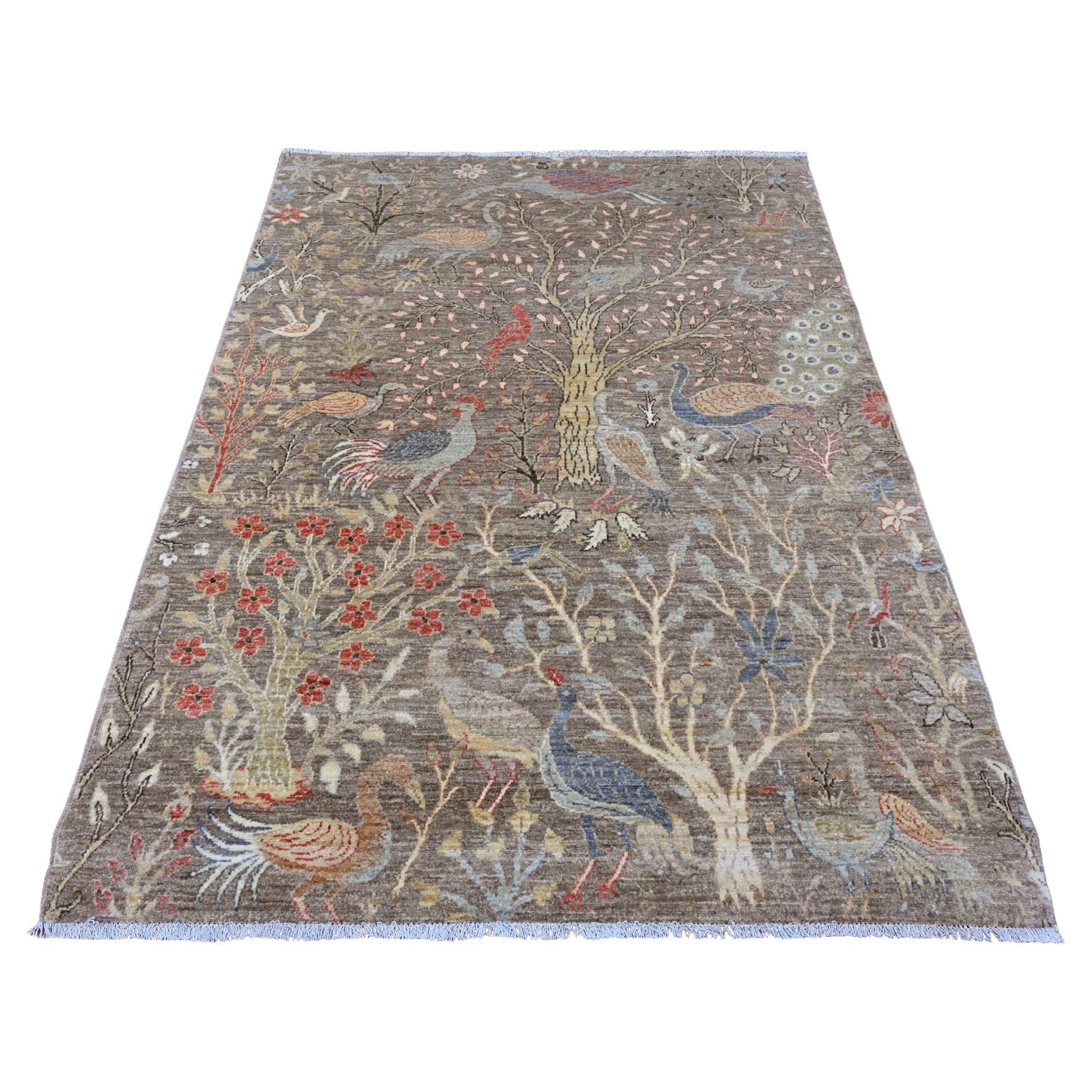 Alfombra Anudada a Mano de Lana Suave con Diseño de Aves del Paraíso Peshawar Marrón de 1,5 x 1,8 metros