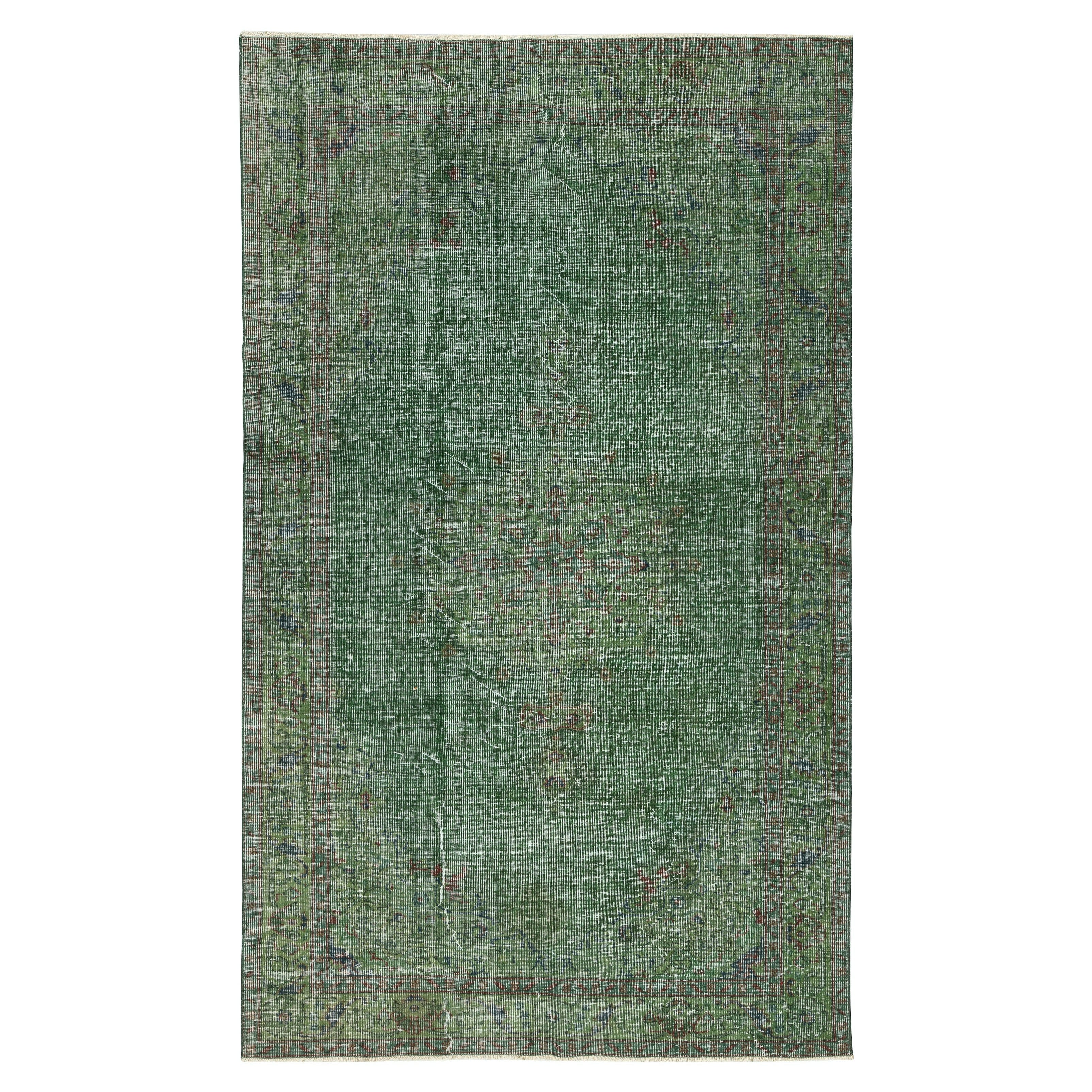 Tappeto turco vintage annodato a mano 5x6,8 Ft e sovratinto in verde per interni moderni