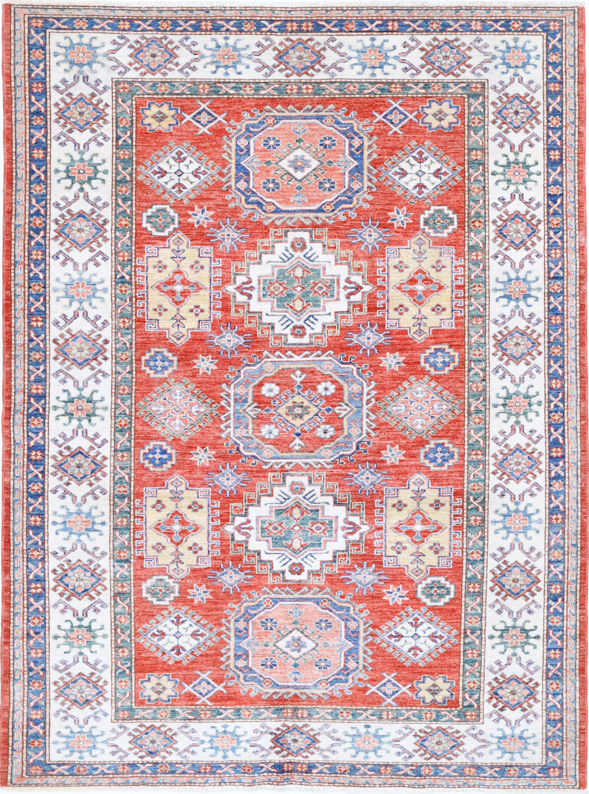 5x6.8 ft Handmade Red, Light Blue, Ivory Area Rug. Turkish Geometric Style Rug