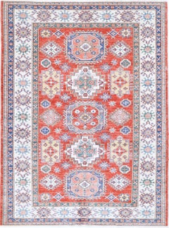 5x6.8 ft Handmade Red, Light Blue, Ivory Area Rug. Turkish Geometric Style Rug