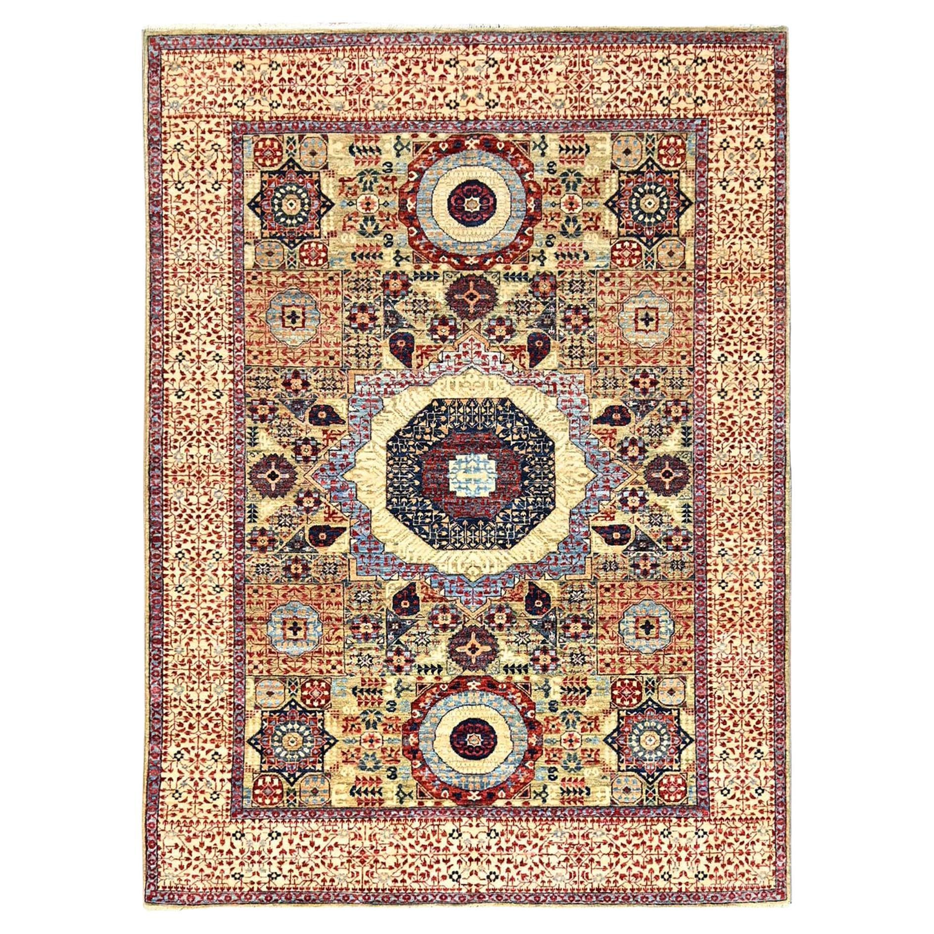 5'x6'8" Vert Noué à la main Laine Douce Mamluke Design Tapis d'Orient