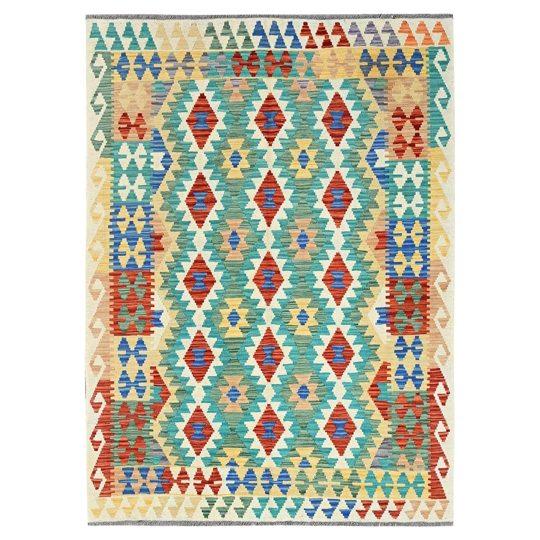 5
x6
8" Sapphire Blue Flat Weave Geometric Afghan Kilim Hand Woven Wool Rug For Sale