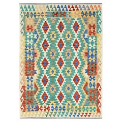 5
x6
8" Sapphire Blue Flat Weave Geometric Afghan Kilim Hand Woven Wool Rug