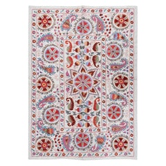 5x6.9 ft Copriletto in tessuto Suzani dell'Uzbekistan, appendiabiti da parete in seta e cotone ricamato