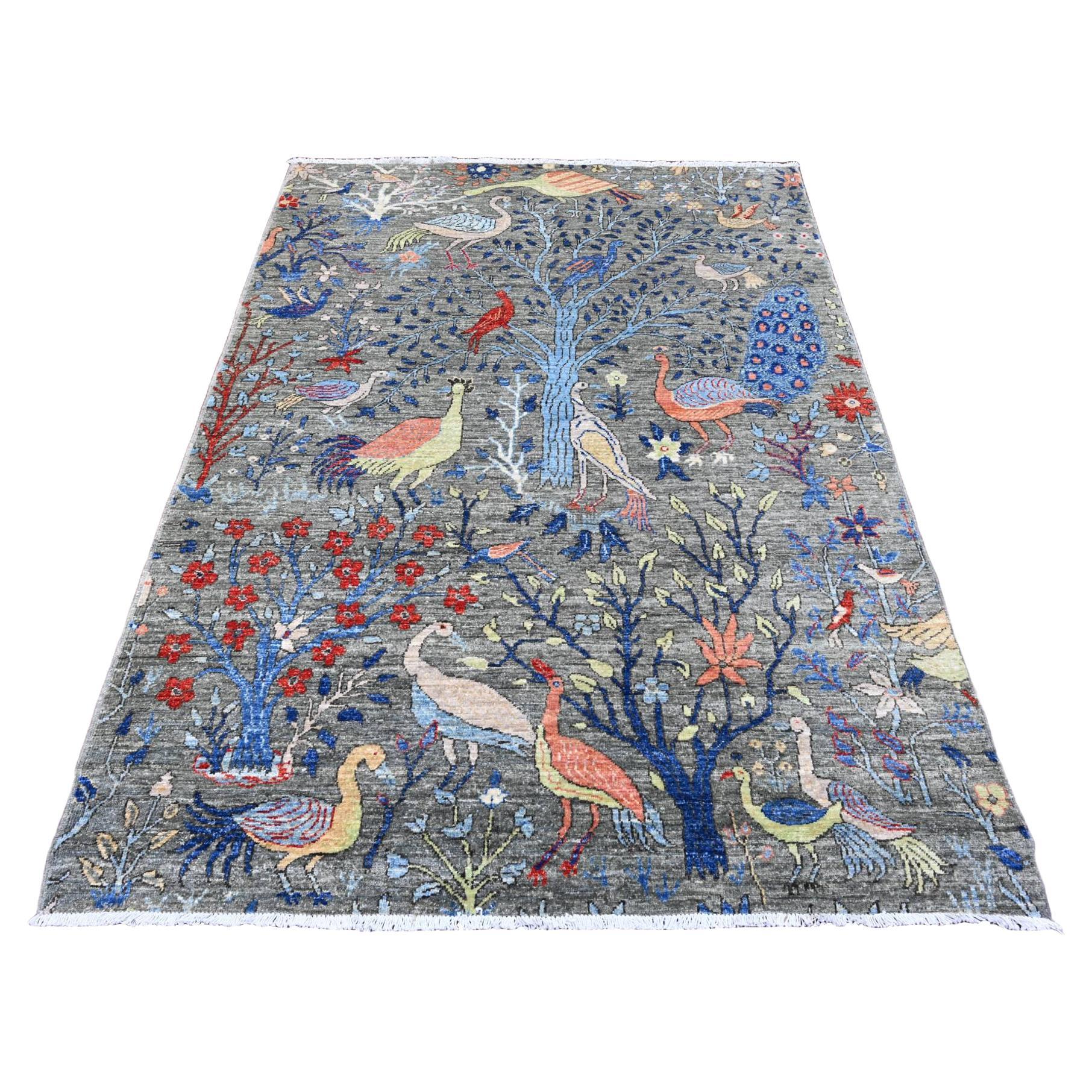 Alfombra afgana de lana anudada a mano con diseño de aves del paraíso en Peshawar, gris, de 1,70 x 1,80 m.