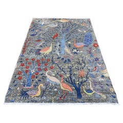 Alfombra afgana de lana anudada a mano con diseño de aves del paraíso en Peshawar, gris, de 1,70 x 1,80 m.