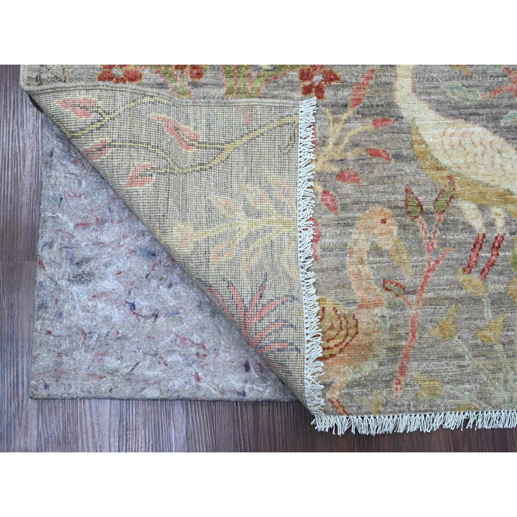 Mink Gray, Hand Knotted, Afghan Peshawar with Birds of Paradise Design, Soft Wool, Natural Dyes, Oriental Rug
Primary materials: Wool
Latex: No Pile 
height: 0.25 Inches
Style: Transitional
Primary color: Grey
Secondary colors: Red, Brown, Green,