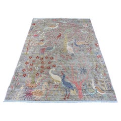 5'x6'9" Mink Gray Hand Knotted Birds of Paradise Design Soft Wool Oriental Rug
