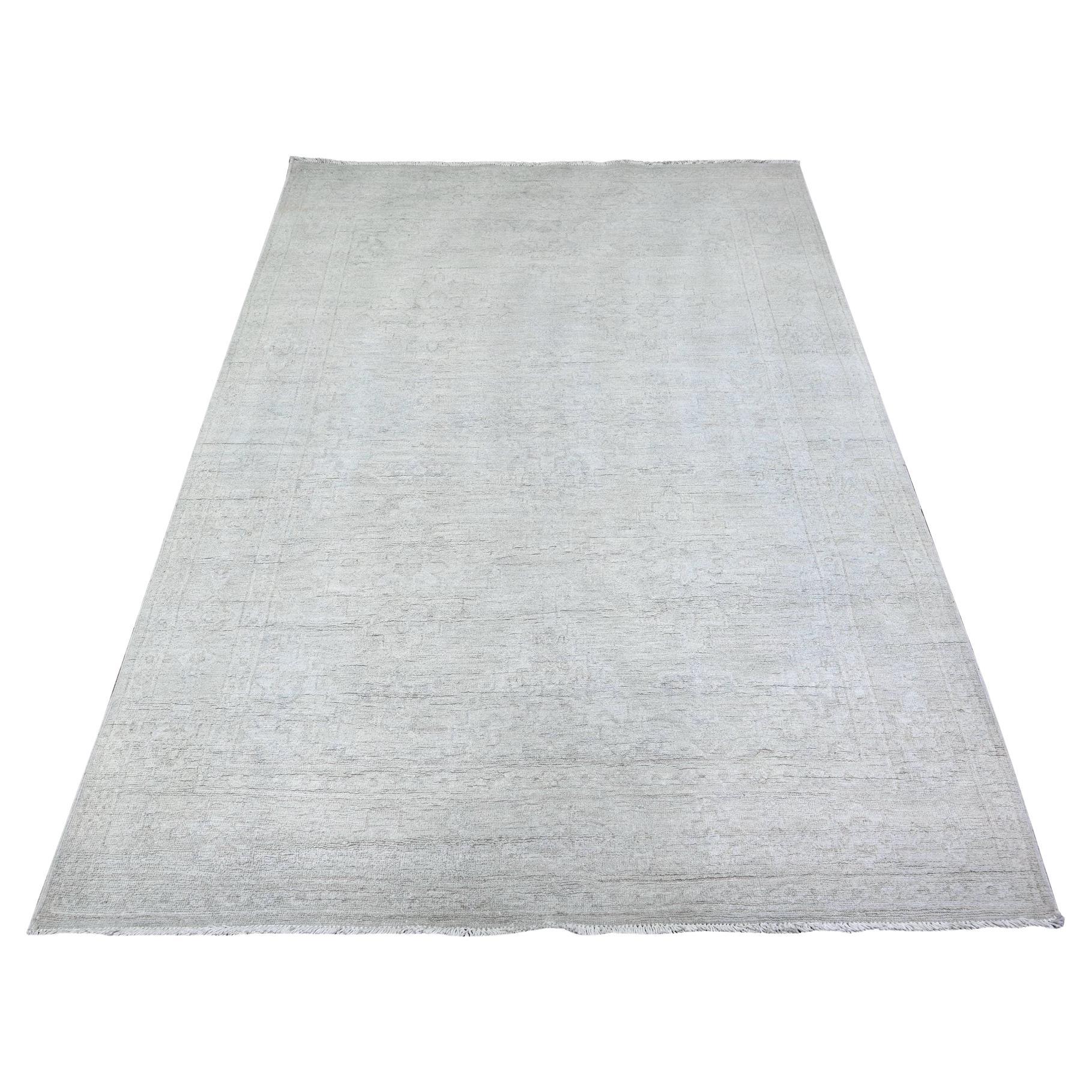 5'x6'9" Platinum Gray, White Wash Peshawar, Pure Wool Hand Knotted Rug