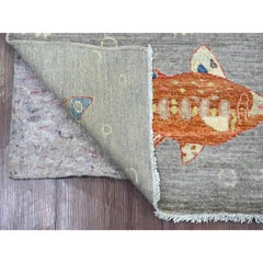 5'x6'9" Stone Gray Afghan Peshawar Oceanic Fish Design Hand Knotted Wool Rug