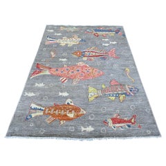 5'x6'9" Stone Gray Afghan Peshawar Oceanic Fish Design Hand Knotted Wool Rug