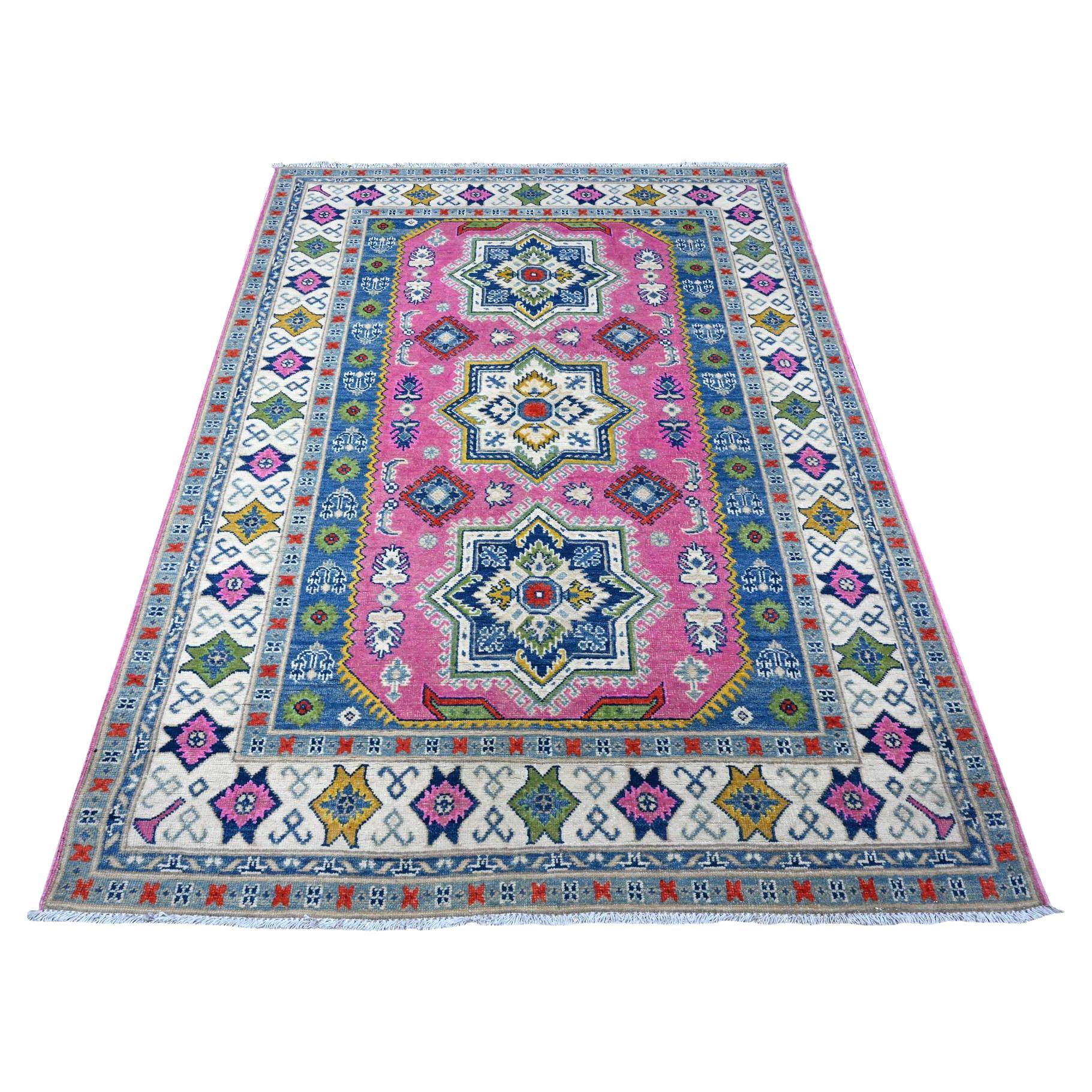 5
x6
9" Thulian Pink Colorful And Vibrant Fusion Kazak Pure Wool Oriental Rug
