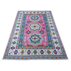5
x6
9" Thulian Pink Colorful And Vibrant Fusion Kazak Pure Wool Oriental Rug