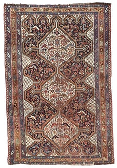 5X7 Antique Persian Khamseh Rug Fine Shiraz tribal 137cm x 208cm c.1890