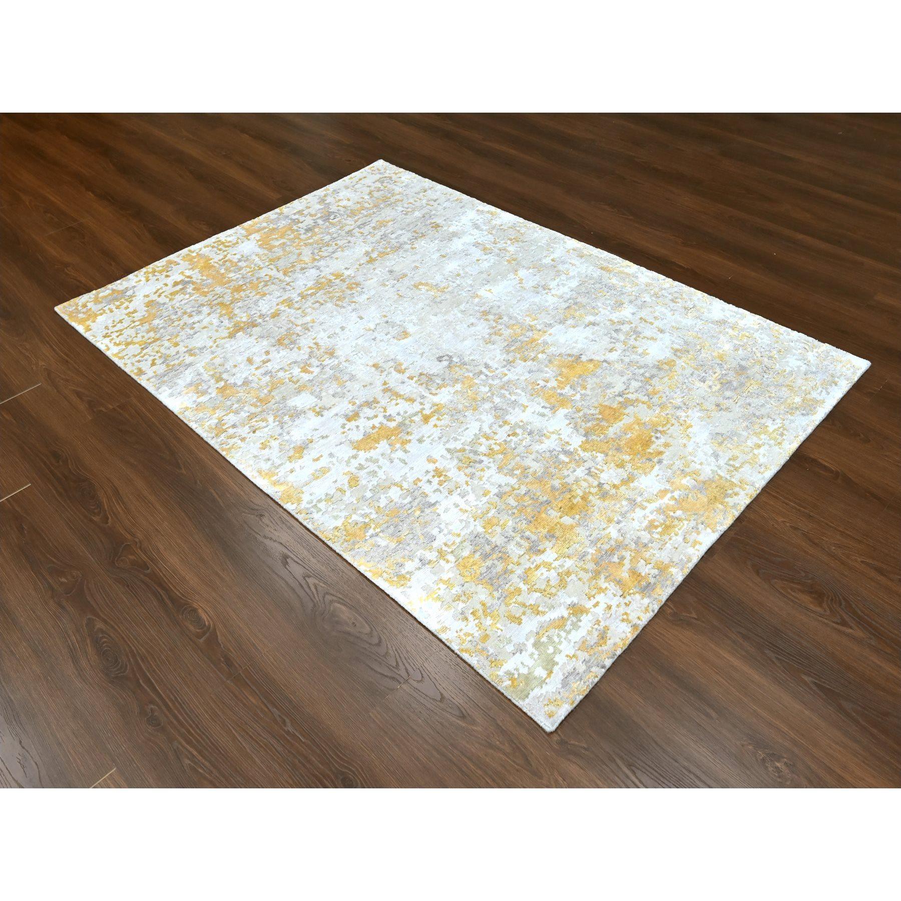Beige with Gold, Hand Knotted, Abstract Design, Wool and Silk, Hi-Low Pile, Oriental Rug
Primary materials: Wool & Silk
Latex: No Pile 
height: 0.25 Inches
Style: Contemporary
Primary color: Beige
Secondary colors: Yellow, Ivory
Pattern: Oriental