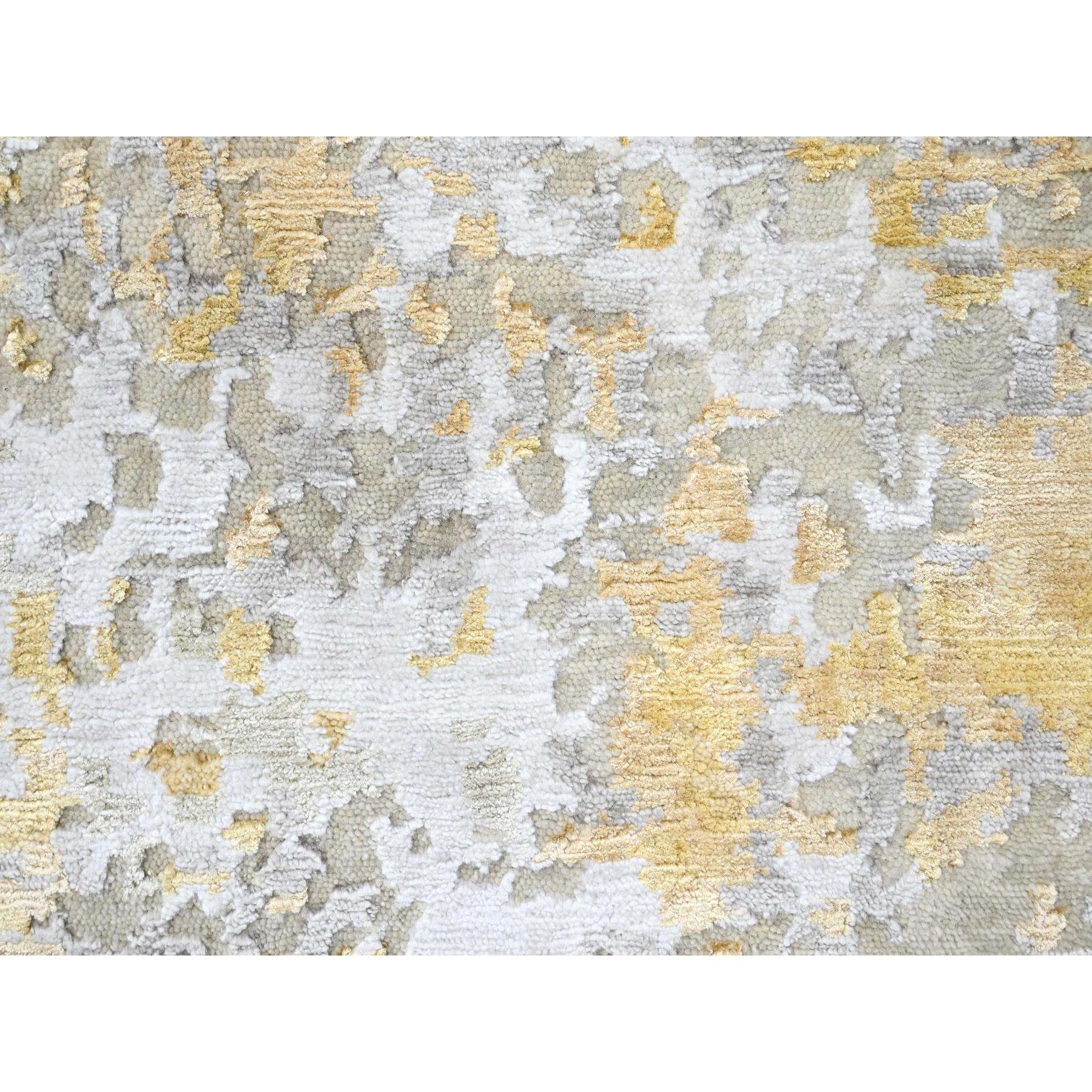 Hand-Knotted 5'x7' Beige with Gold Hand Knotted Abstract Design Wool-Silk Oriental Rug For Sale