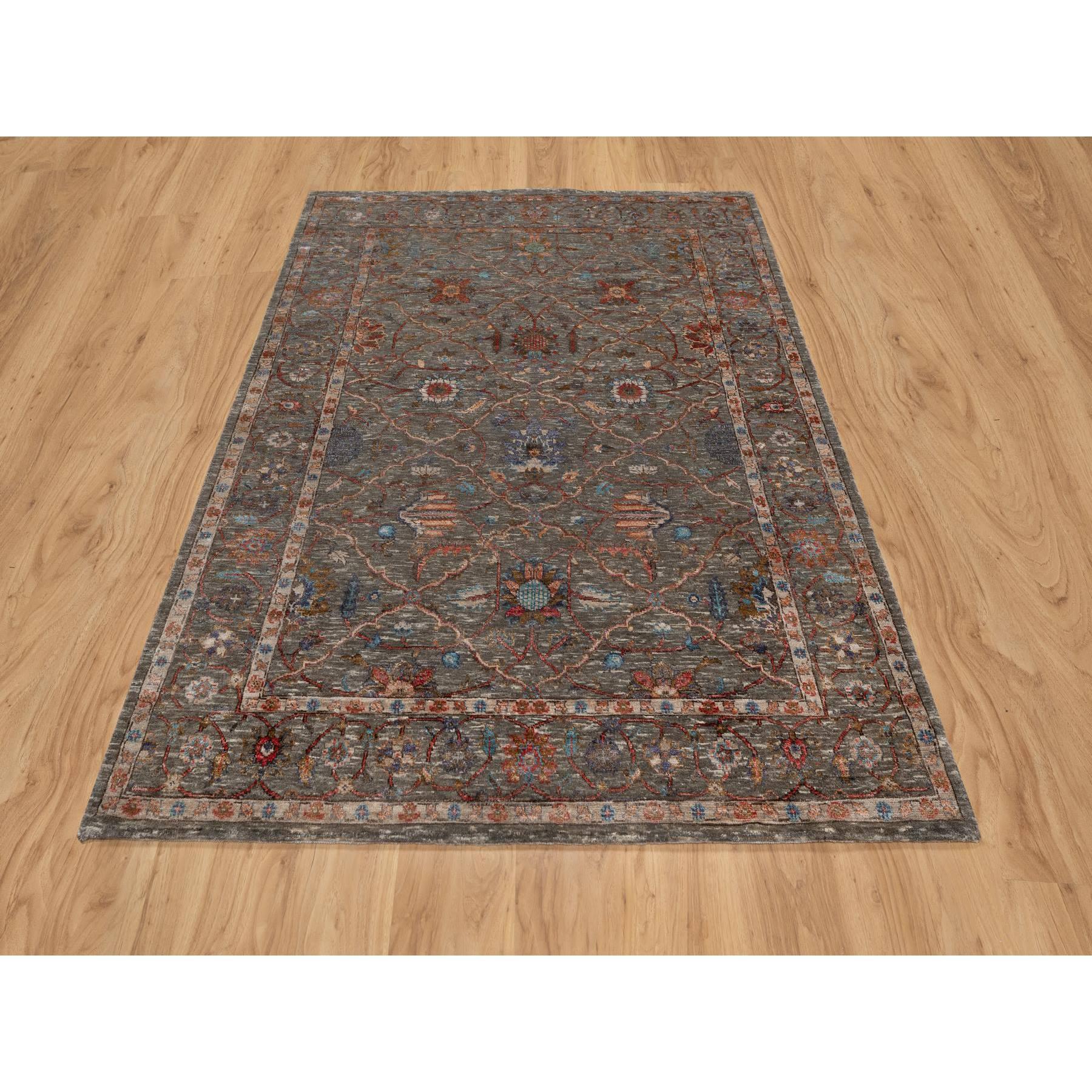 Cedar Brown, Persian Scrolls Leaf and Flower Design, Striae Pattern, Hand Knotted, Textured Wool and Silk, Oriental Rug
Primary materials: Wool & Silk
Latex: No Pile 
height: 0.25 Inches
Style: Transitional
Primary color: Brown
Secondary colors: