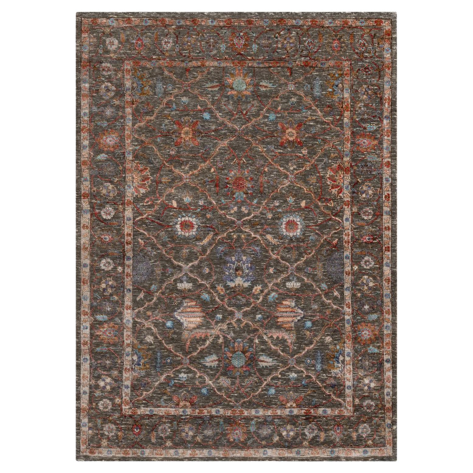 5'x7' Brown Persian Scrolls Flower Design Handgeknüpfter Teppich aus Wolle und Seide