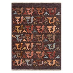 5x7 Charcoal Brown Birds Hand Knotted Woollen Rug ( JC -8205 )