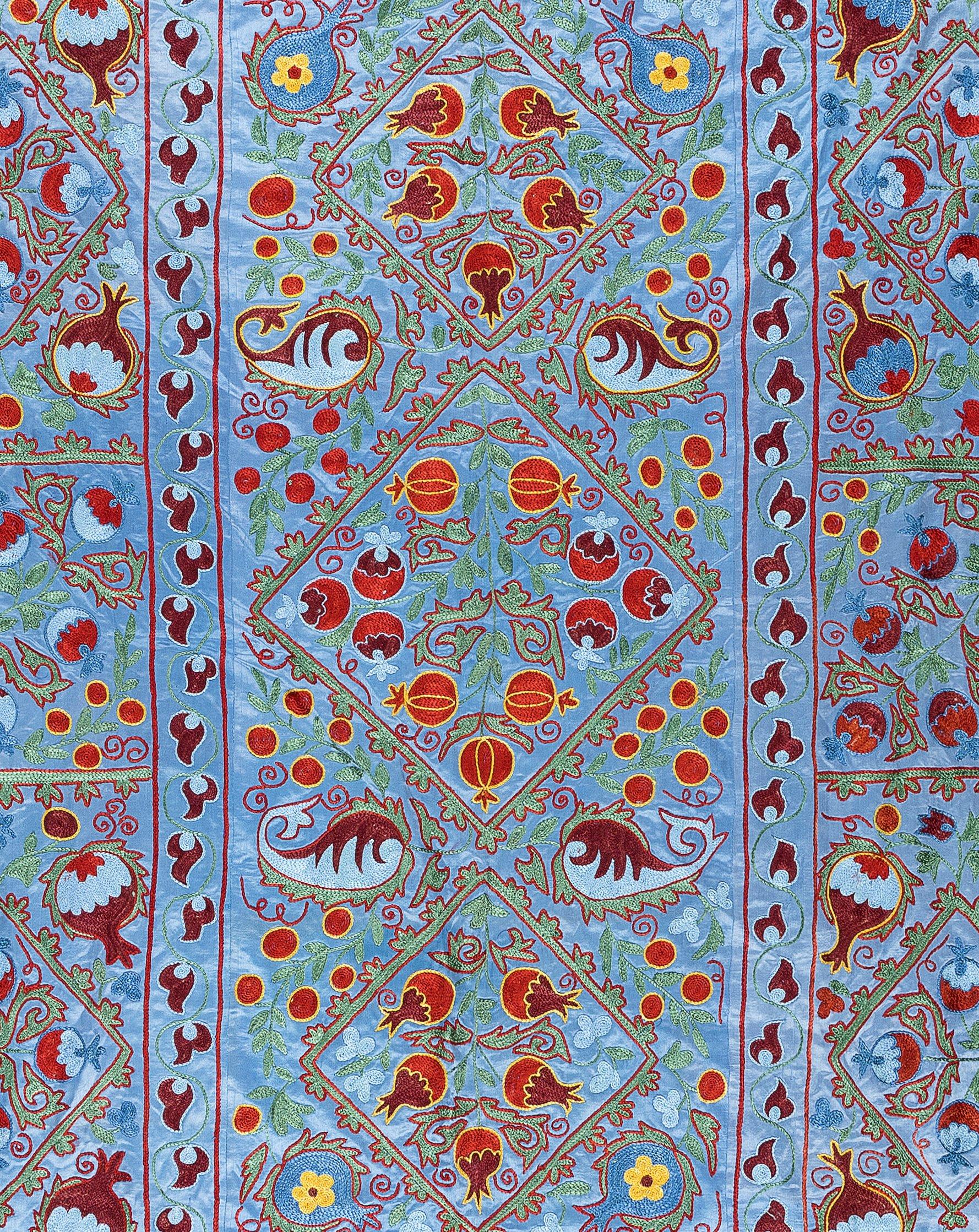 20th Century 5x7 Ft 100% Silk Suzani Bed Cover, Vintage Uzbek Hand Embroidered Wall Hanging