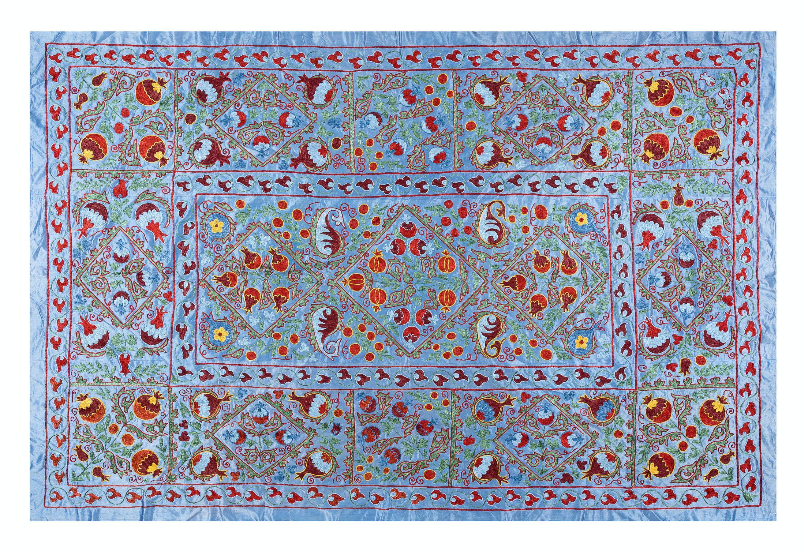 Cotton 5x7 Ft 100% Silk Suzani Bed Cover, Vintage Uzbek Hand Embroidered Wall Hanging