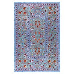 5x7 Ft 100% Silk Suzani Bed Cover, Vintage Uzbek Hand Embroidered Wall Hanging