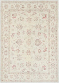 5x7 ft Hand Knotted Oushak Rug. Beige Turkish Carpet with All-Over Floral Design