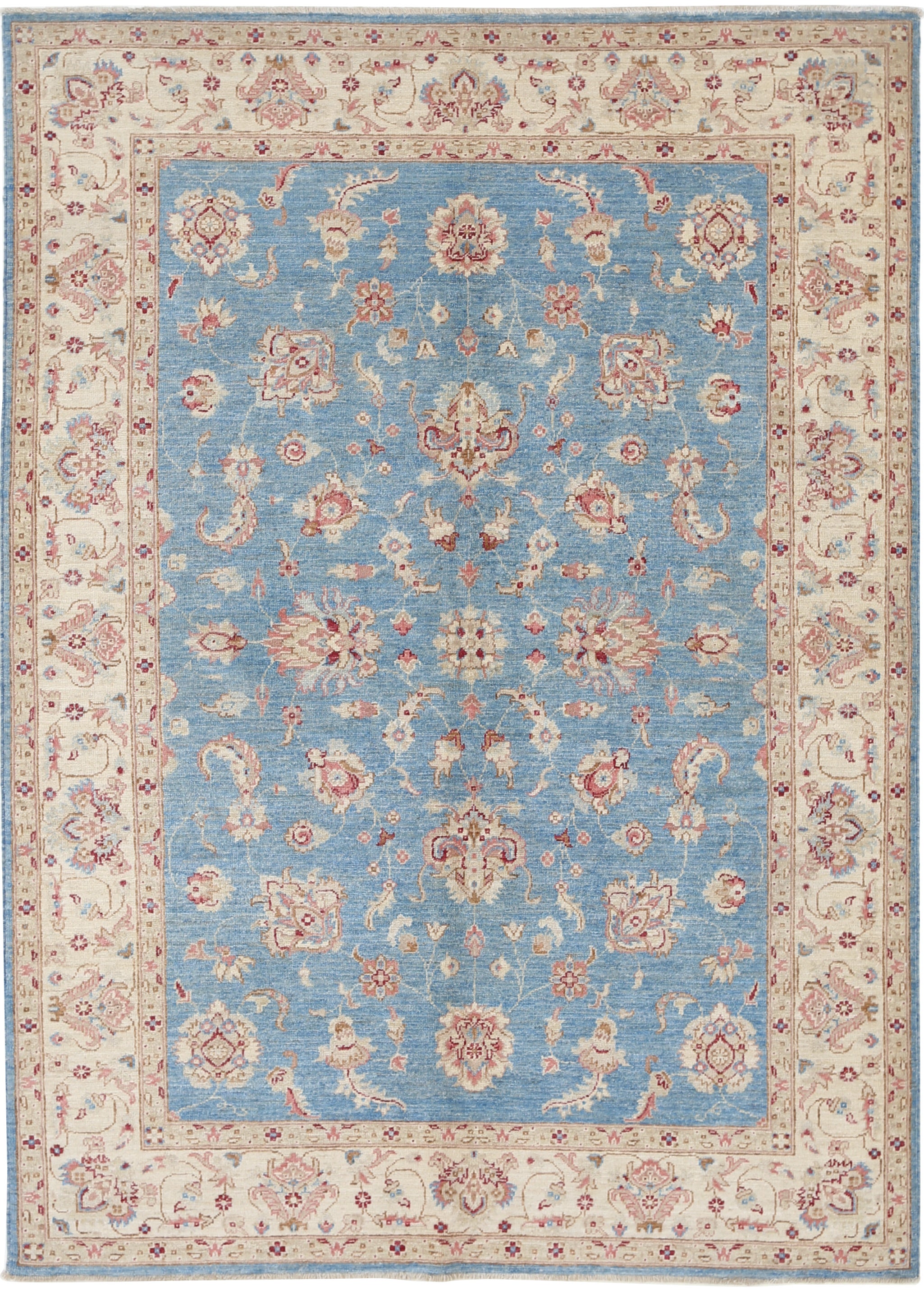 5x7 ft Handknotted Floral Oushak Rug with Blue Field and Beige Border. 100% Wool