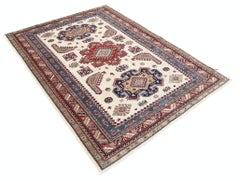 5x7 ft Handknotted Red, Ivory, Navy Blue Turkish Area Rug with Geometric Design