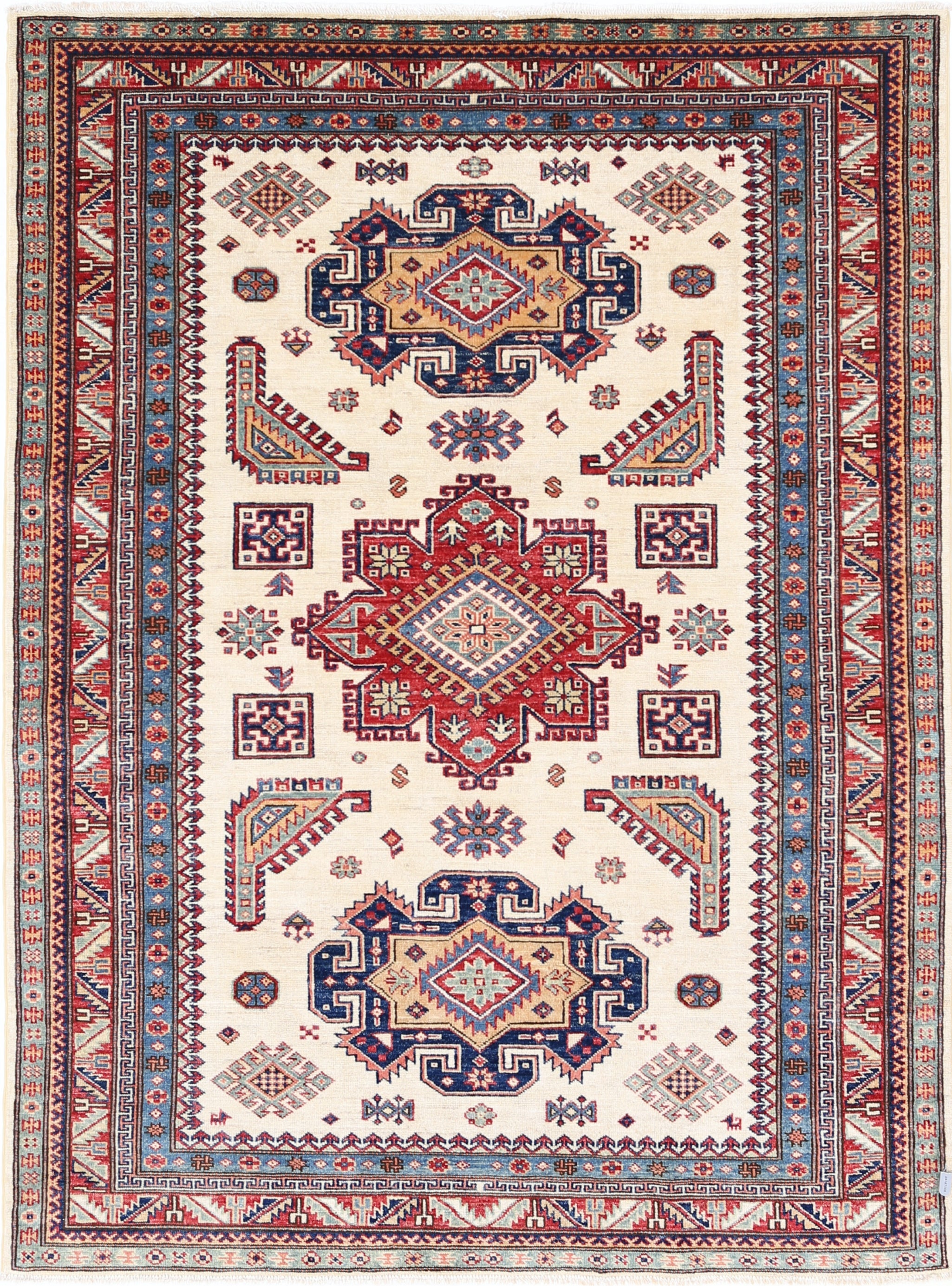 5x7 ft Handknotted Red, Ivory, Navy Blue Turkish Area Rug with Geometric Design For Sale