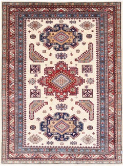 5x7 ft Handknotted Red, Ivory, Navy Blue Turkish Area Rug with Geometric Design