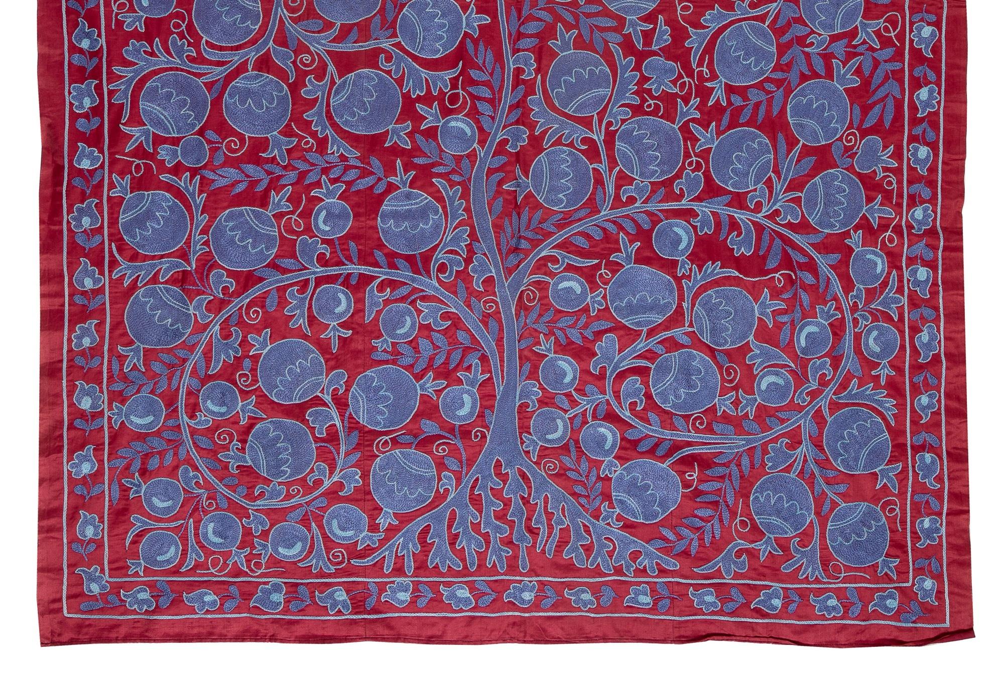 Suzani 5x7 ft Pomegranate Tree Design Bedspread in Red & Purple, Silk Embroidery Throw