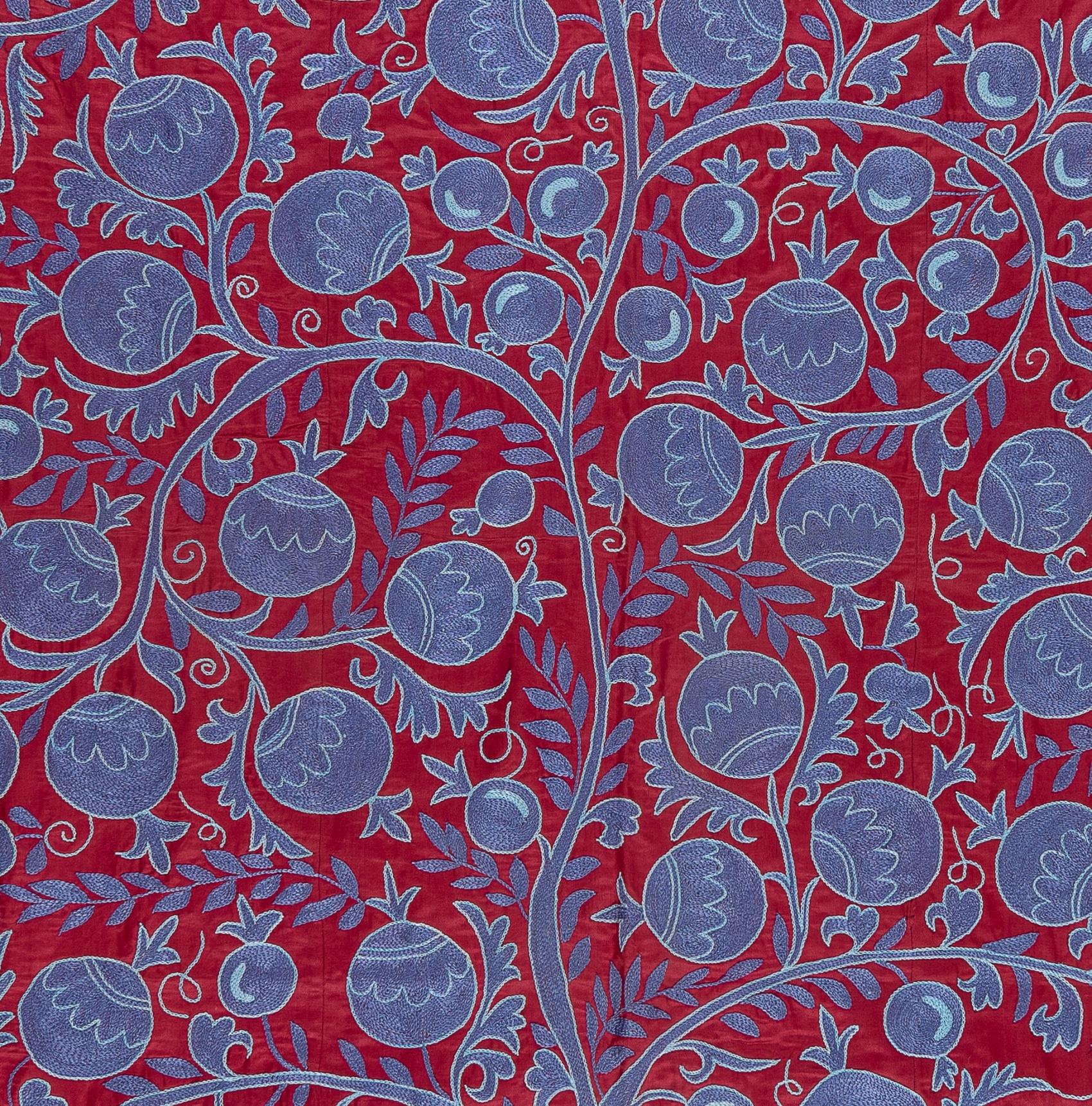 Uzbek 5x7 ft Pomegranate Tree Design Bedspread in Red & Purple, Silk Embroidery Throw