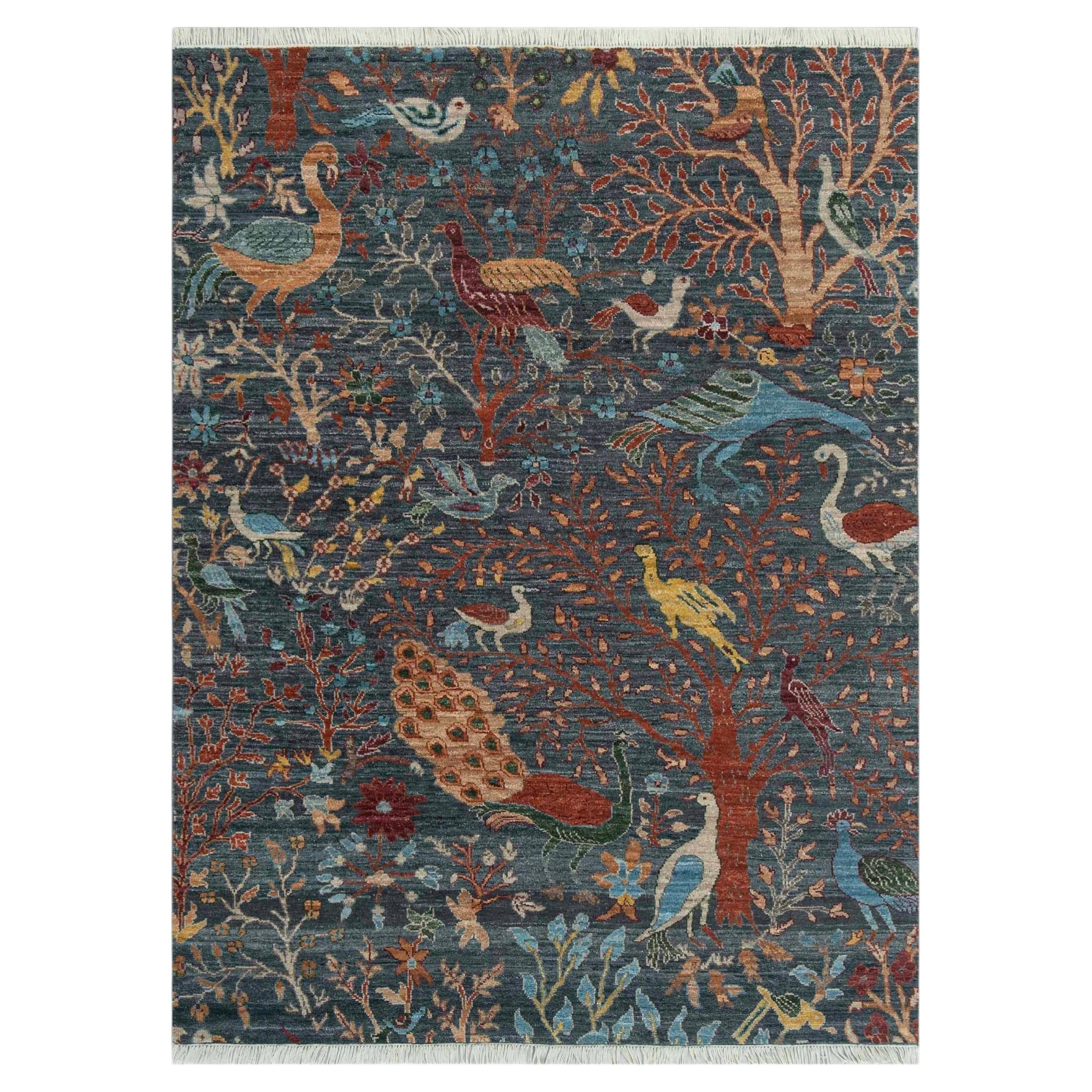 5x7 Gray Birds & Garden Hand Knotted Woollen Rug ( JC - 10652 ) For Sale
