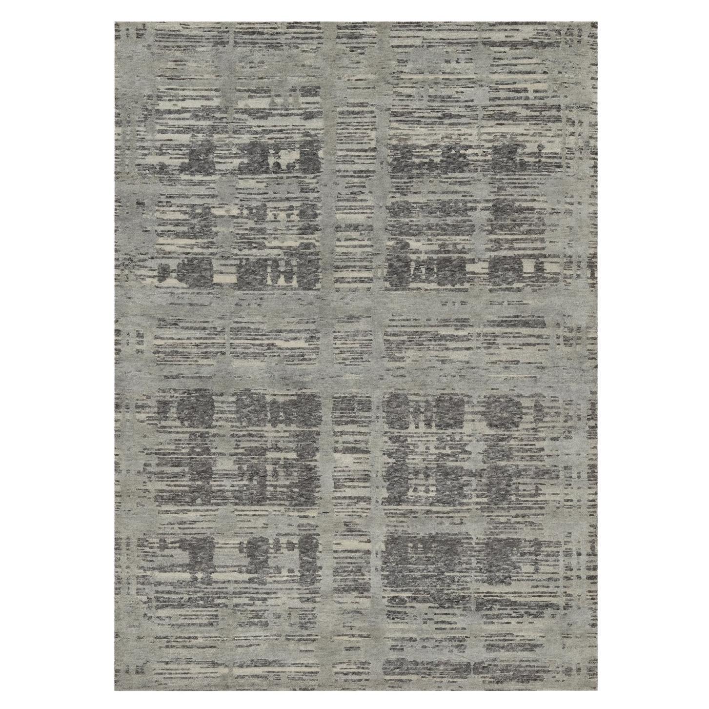 5'x7' Gray Modern Criss Cross Erased Design Hand Knotted Natural Wool Rug