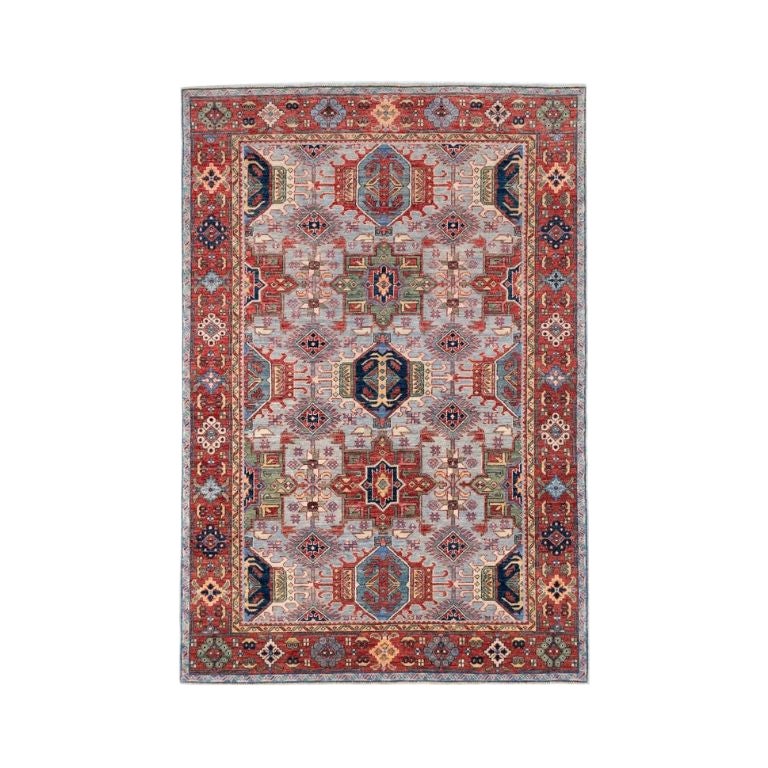 5x7 Hand-Knotted Afghan Karajeh Tribal Wool Rug, Steel Blue Medallion For Sale