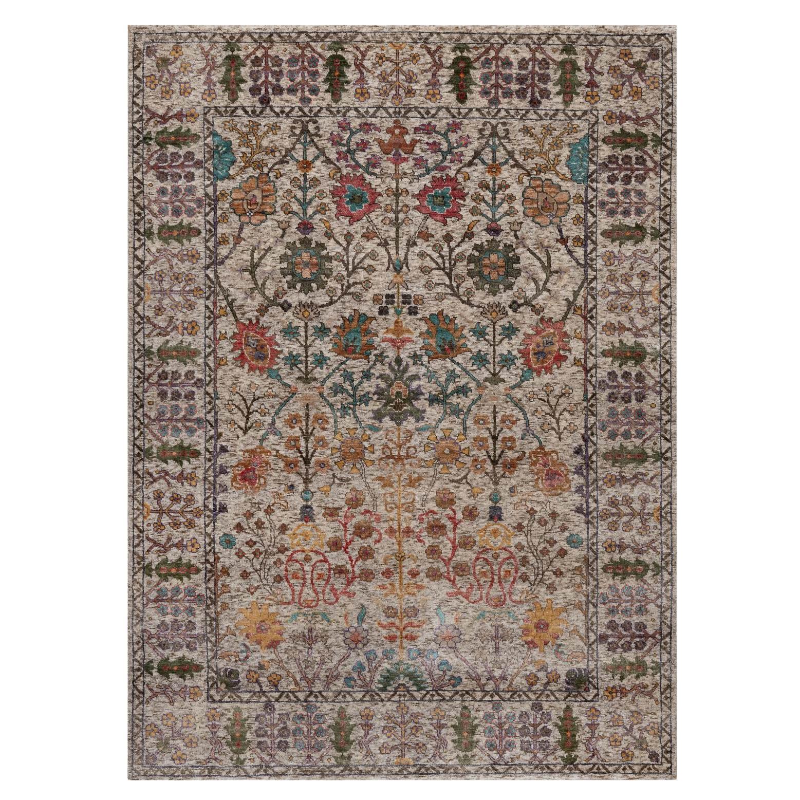 5
x7
 Ivory Directional Vase Design Silk with Textured Wool Hand Knotted Rug For Sale