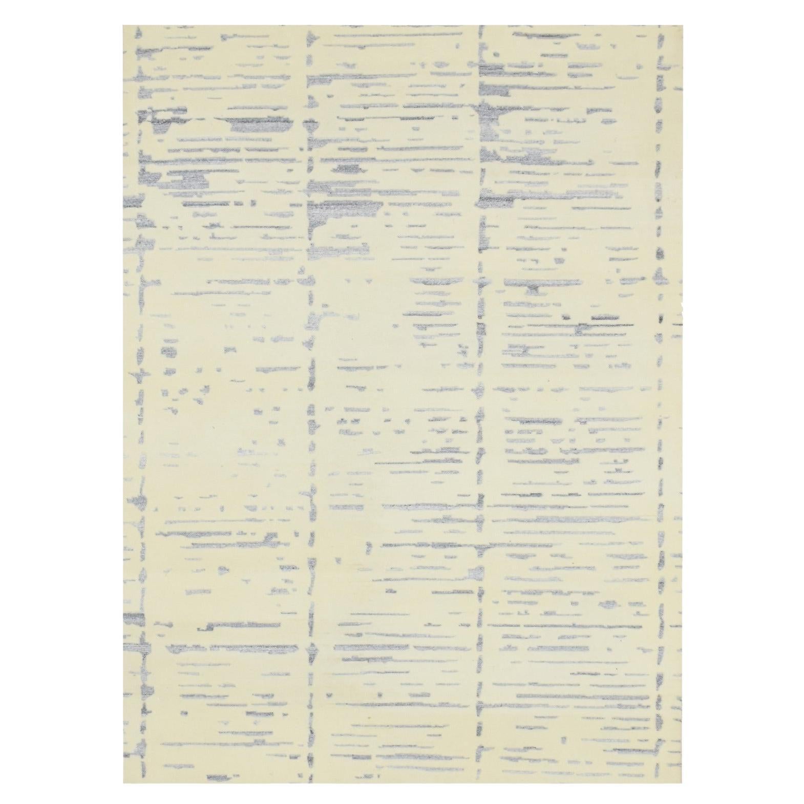 5'x7' Elfenbein Modernes Design Texturierte Webart Handgeknüpft Wolle & Seide Teppich im Angebot
