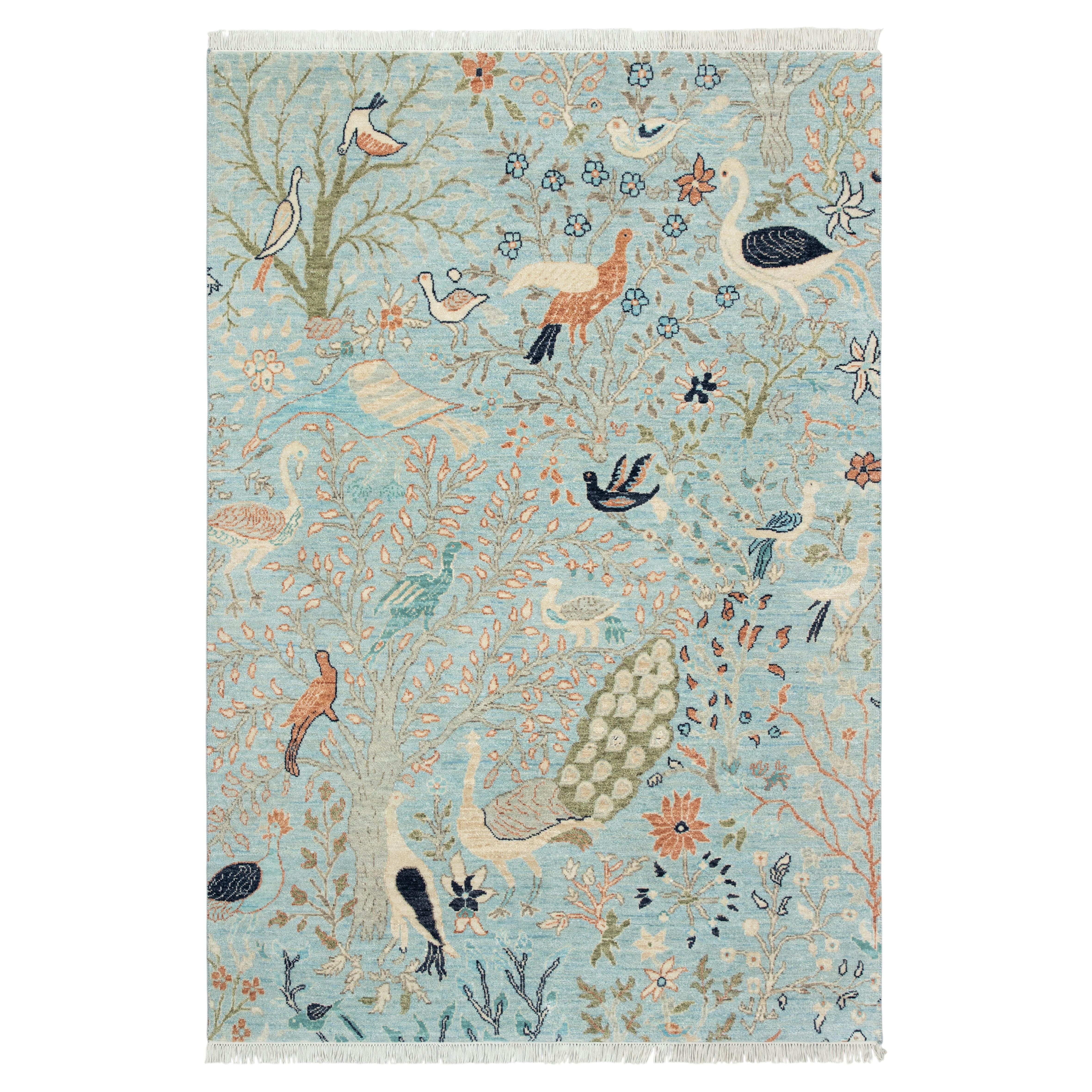 5x7 Light Blue Birds & Garden Hand Knotted Woollen Rug ( JC - 13853 )