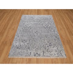5'x7' Medium Gray Tone on Tone Damask Design Hand Knotted Wool and Silk Rug