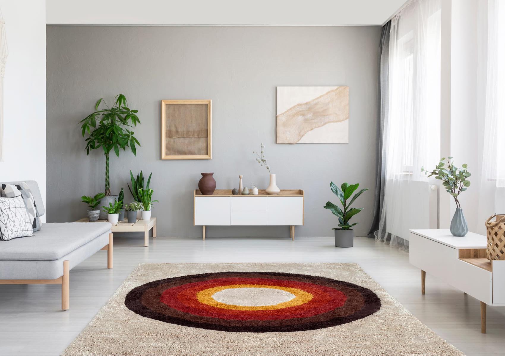 Wool Mid Century Danish Style Rya Area Shag Rug in Modern Bullseye Design For Sale