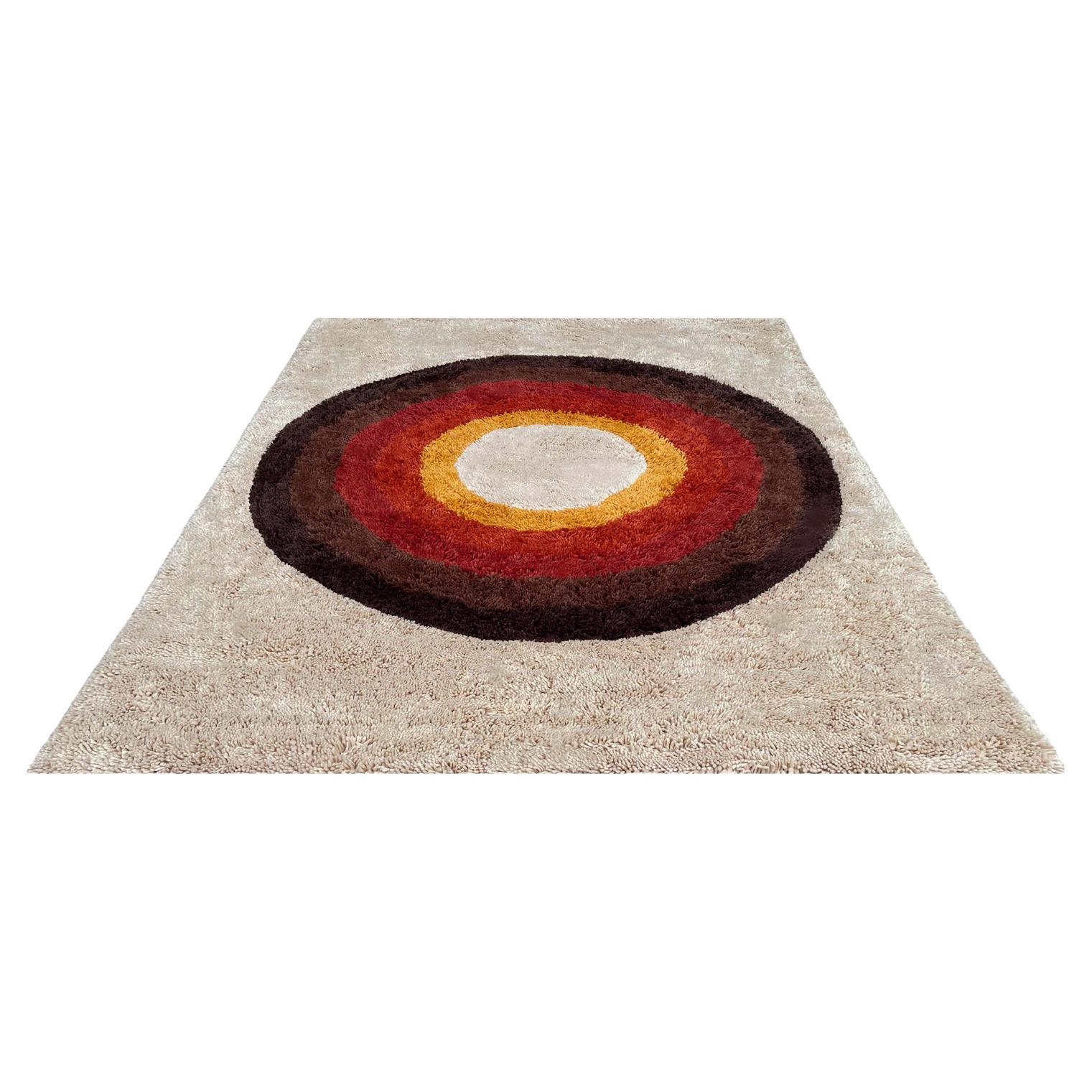 Mid Century Danish Style Rya Area Shag Rug in Modern Bullseye Design For Sale