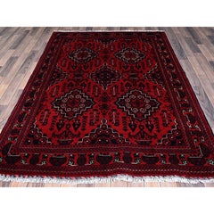 5'x7' Rote handgeknüpfte afghanische Khamyab Geometrische Medaillons Design Wollteppich