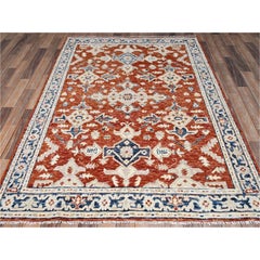 Tappeto annodato a mano in lana rosso ruggine, 5'x7', con motivo tradizionale dei villaggi dell'Anatolia e annodi turchi