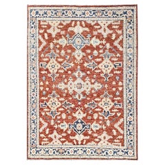 Tappeto annodato a mano in lana rosso ruggine, 5'x7', con motivo tradizionale dei villaggi dell'Anatolia e annodi turchi