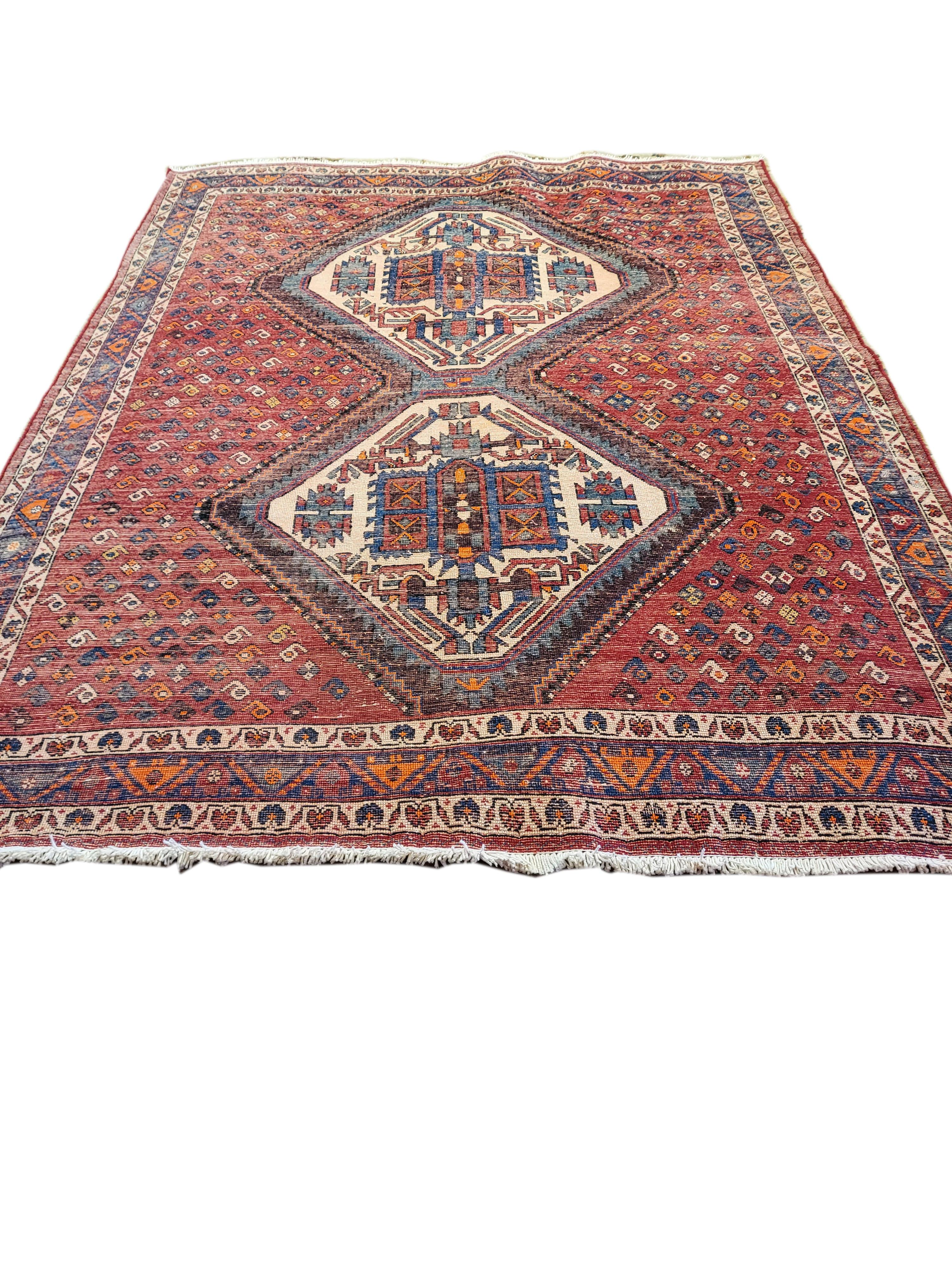 Hand-Knotted 5'x7' Antique Sirjan / Afshar - Tribal Persian Rug - Rust / Cream / Blue For Sale