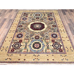 5'x7' White, Hand Knotted, Natural Wool, Mamluk Design, Oriental Rug