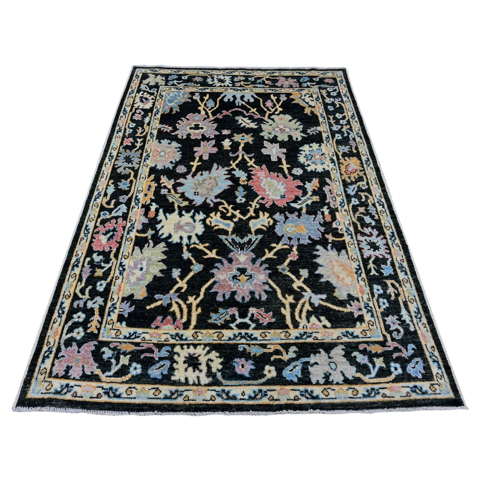 5'x7'1" Black Hand Knotted Afghan Angora Oushak Leaf Pattern Pure Wool Rug
