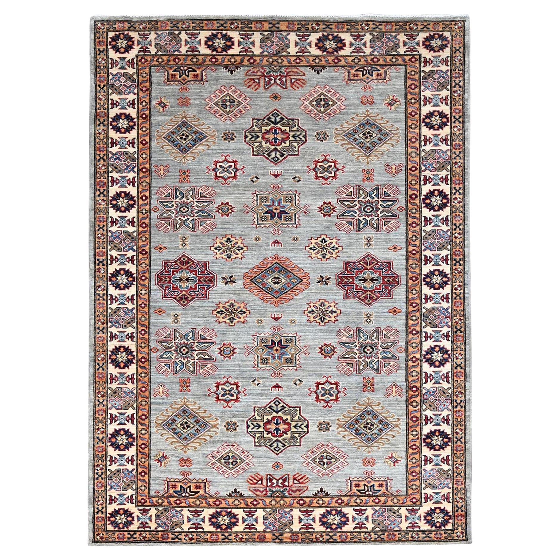 5'x7'1" Gray Hand Knotted Afghan Super Kazak All Over Pattern Wool Rug For Sale